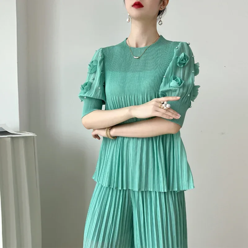 Miyake Pleated Summer 2023 Temperament Two Piece Set Slim Nail Beads Short Sleeve Top Loose Casual Wide Leg Pants Set