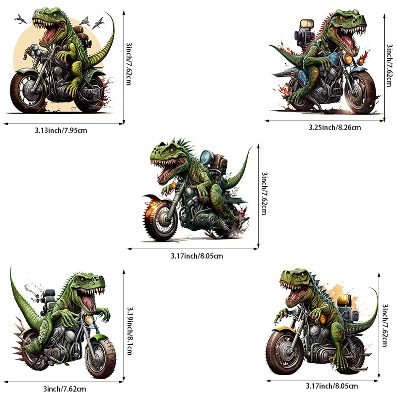 5Pcs motorcycle Dinosaur Lron-On Transfer Stickers,Vinyl Heat Transfer Patches For DIY Couple Clothing Pillow Backpack Hat Craft