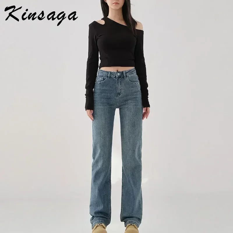 Kinsaga Blue Gray Narrow Wide Leg Jeans Women Korean Style Slimming Smoke Pipe Mopping Pants Stretch Pear Shapes Straight Pants