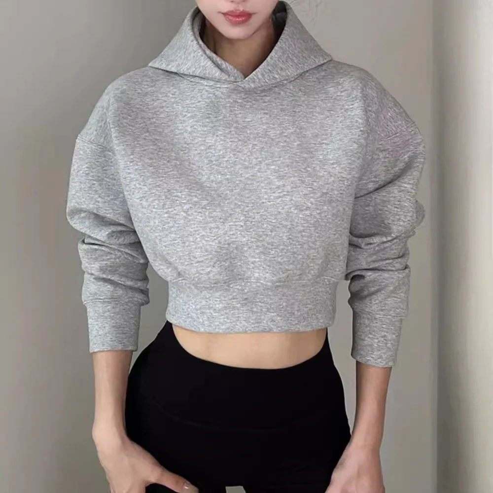 

Casual And Fashionable Sports Hooded Sweatshirt Jacket For Women's Autumn And Winter High Waisted Short Cut Crop Top