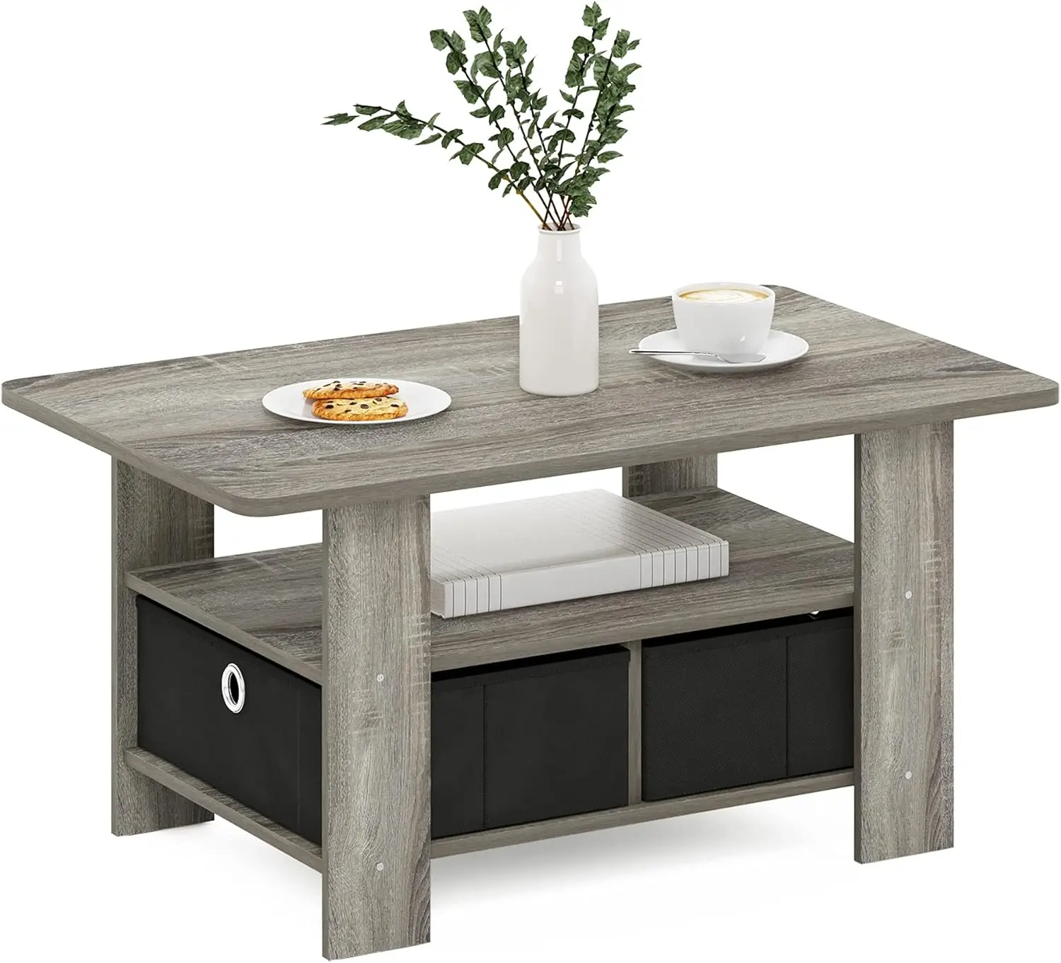 

Modern Coffee Table with Hidden Storage Drawer, French Oak Grey Finish and Black Frame, Contemporary Living Room Furniture