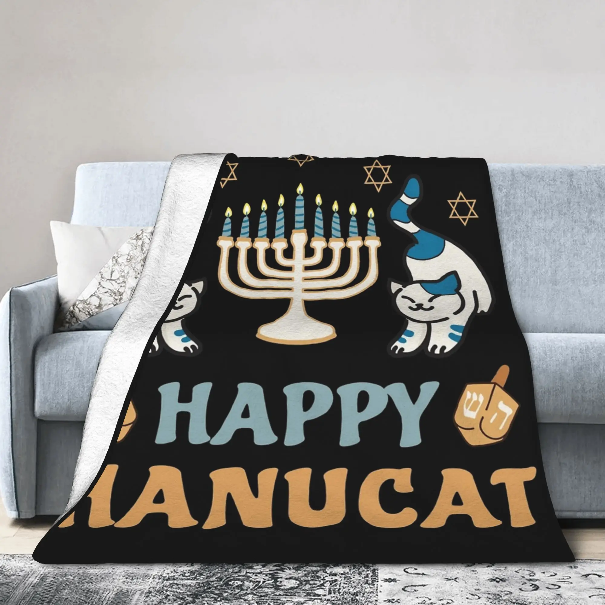 Happy Hanukkah Cat Menorasaurus Blanket Fleece All Season  Multi-function Super Soft Throw Blankets for Sofa Office Bedspread