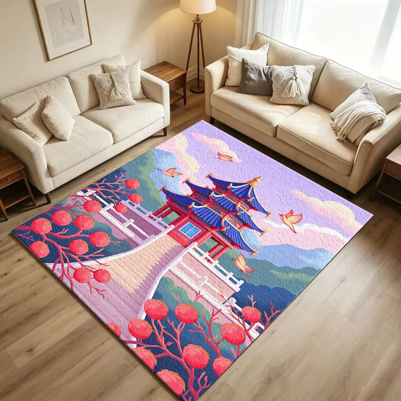 Oriental Pagoda Garden Landscape Carpet Flooring, Cute Cartoon Chinese-Style Building Non-Slip Floor Rug for Home Bedroom Decor