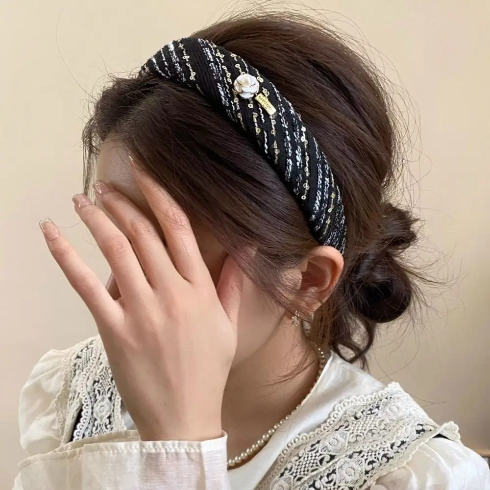 Vintage malha aba larga cabelo aro para mulheres, camélia hairbands, bandana francesa, moda feminina, acessórios para o cabelo