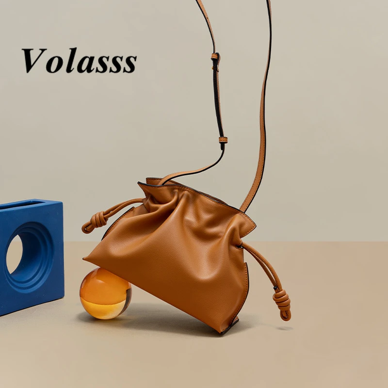 

VOLASSS New Genuine Leather Women's Shoulder Bag Fashionable Small Drawstring Handbag Cowhide Casual Crossbody Bucket Bag Purse