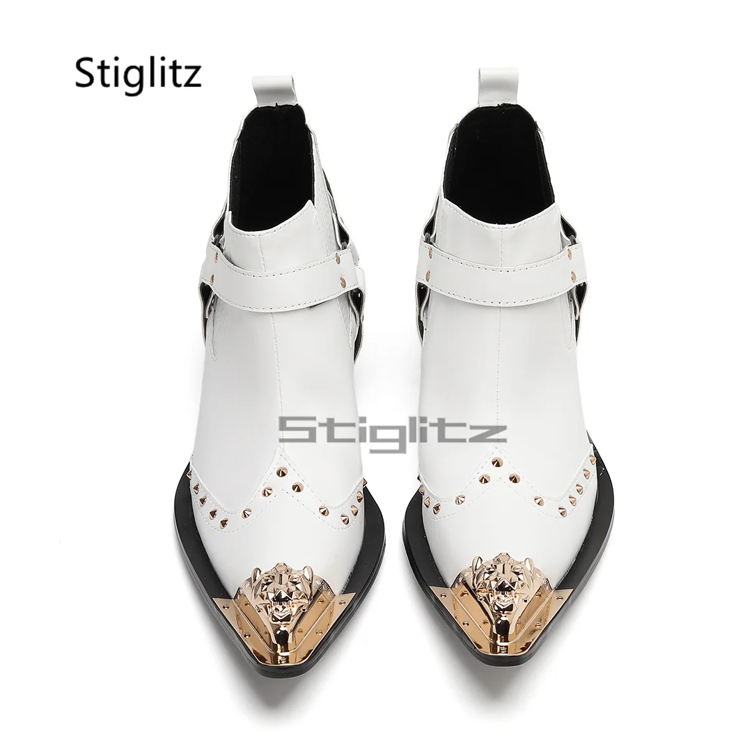 Men's White High Heels Chelsea Boots Metal Pointed Toe Rivet Genuine Leather Ankle Boots Autumn Winter Business Party Shoes