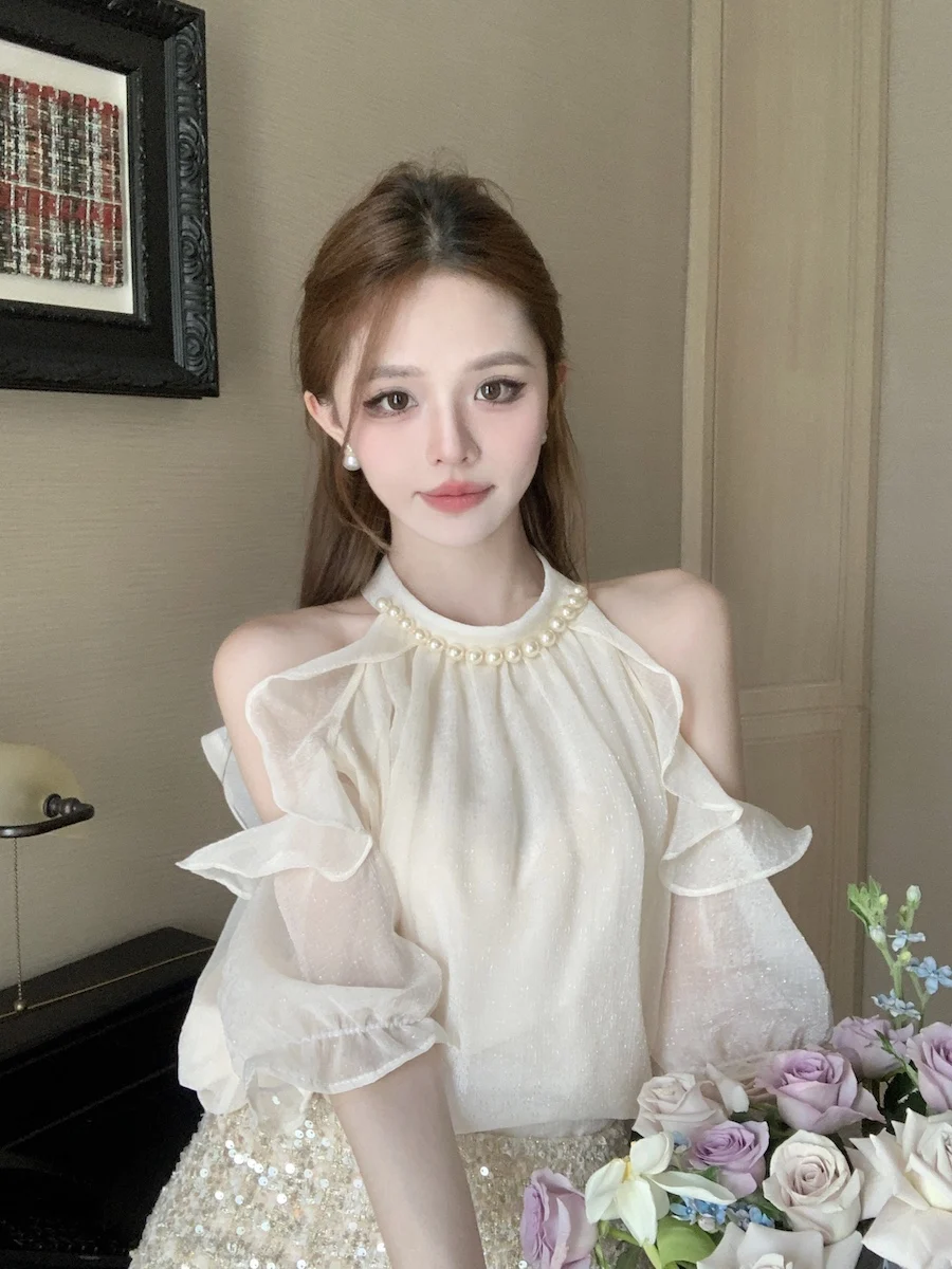 French Style Beaded Chiffon Blouse Sweet Off Shoulder Ruffles Shirt Solid Color Summer Women Tops