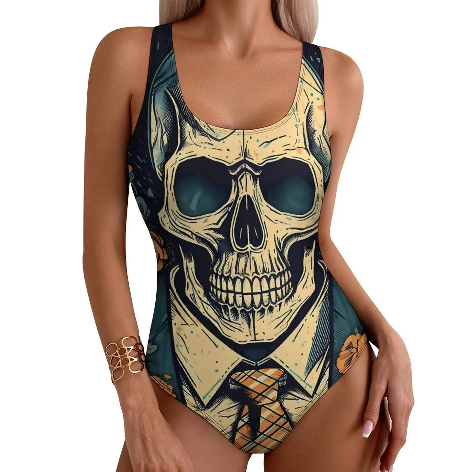 Image of Badeanzug mit Gothic-Print, Rosen und Totenkopf-Badebekleidung, einteiliger Urlaubs-Schwimmbadeanzug, rückenfreie Badeanzüge für Damen, Push-Up-Strandkleidung