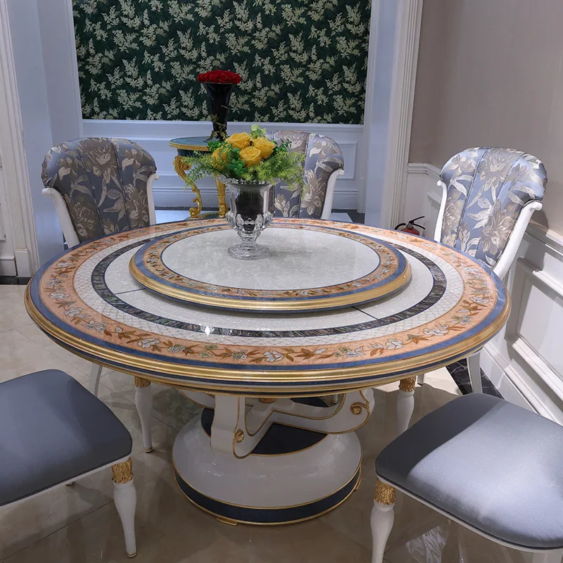 French court round dining table mahogany veneer shell parquet dining table and chair furniture