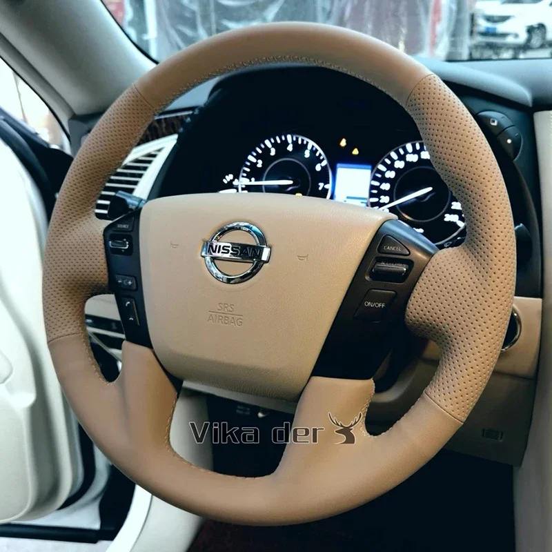 For Nissan Patrol Y62 2012-18 Stitch Beige Leather DIY Hand Sewn Steering Wheel Cover Interior Handle Cover