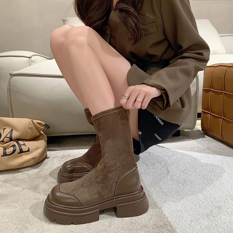 Moda damska Stretch Patchwork Platform Ankle Boots Women Autumn Thick Sole Slip on Sock Boots Woman Chunky Heels Botas Mujer