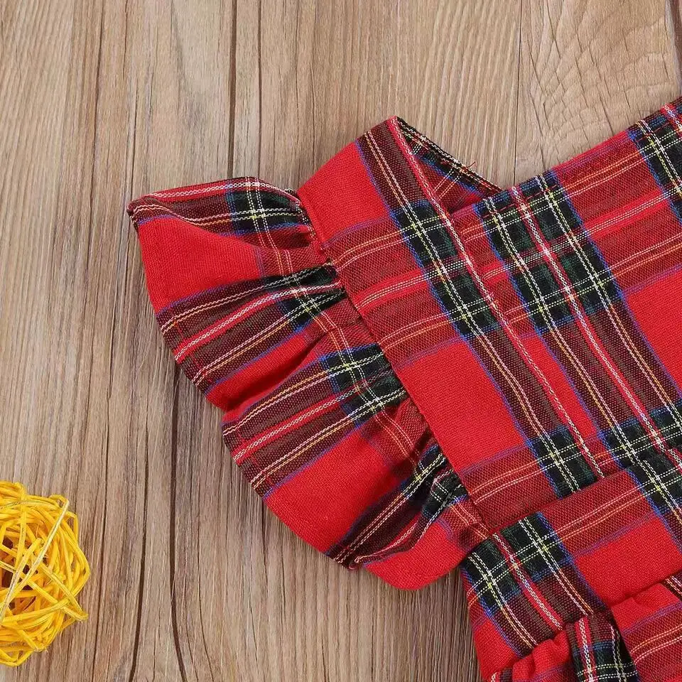 Christmas Infant Kids Girl Clothing Fashion Cotton Baby Bodysuits Romper Outfits Flutter Sleeve Plaid Dress +Headband
