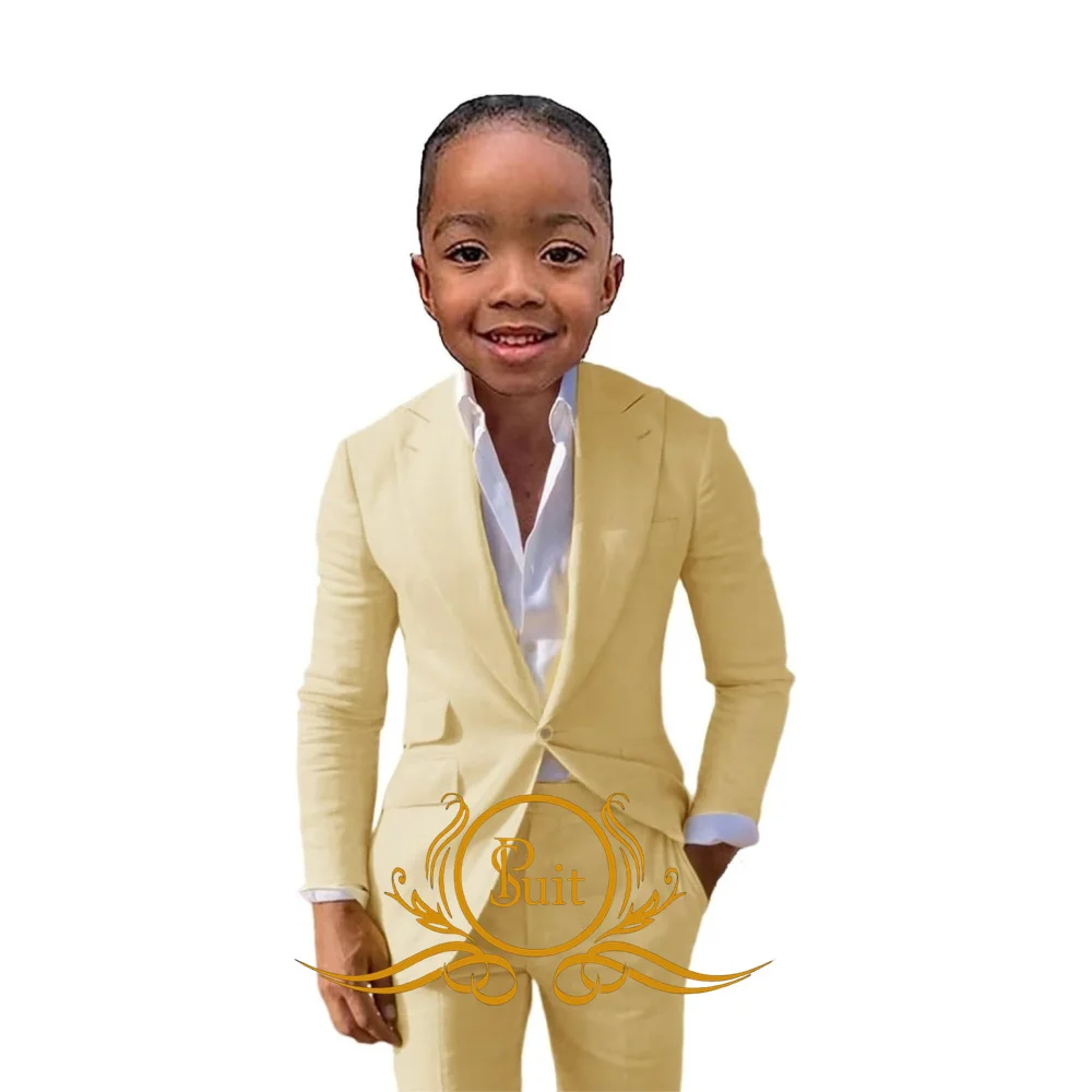 Boys Linen Suit 2 Piece Set Beach Wedding Suits Jacket Pants Outfit Formal Kids Blazer