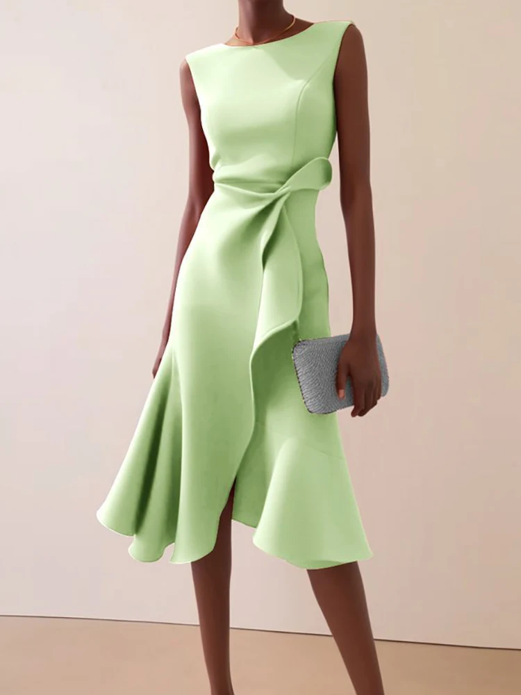 فستان نسائي صيفي أنيق بدون أكمام للعطلات، فستان حفلات بسيط برقبة دائرية، موضة 2025 فستان أنيق غير رسمي للسيدات