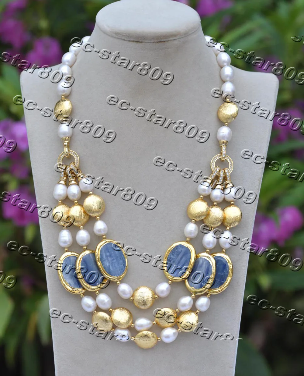 

MCT·STAR Z11425 3Row 22" 29mm Blue-Crystal Gold-plating Coin White Rice Pearl Necklace CZ