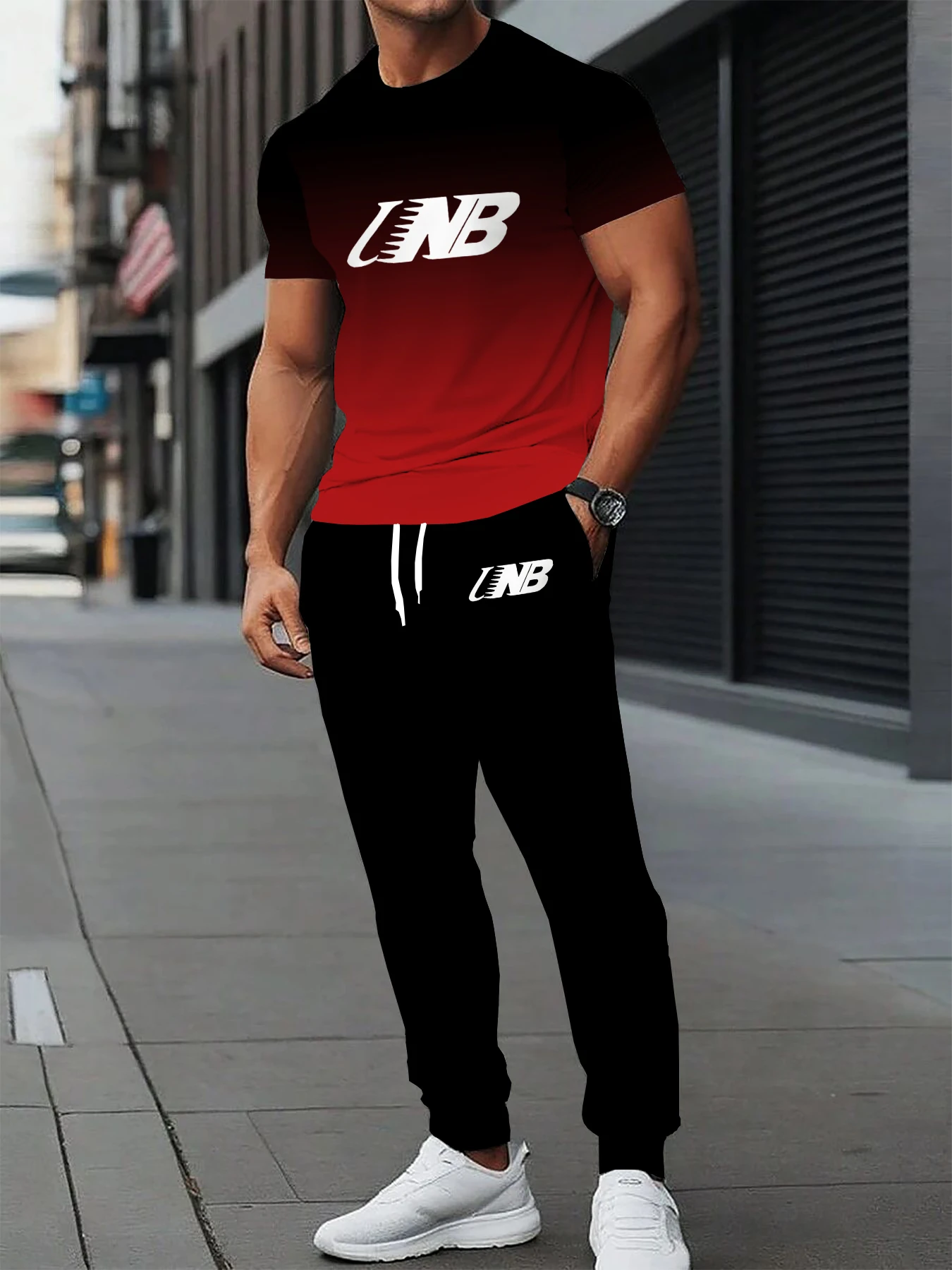 

Летний мужской костюм из полиэстера, спортивный повседневный комплект с круглым вырезом, слегка эластичная трикотажная футболка с короткими рукавами и брюки, комплект из 2 предметов