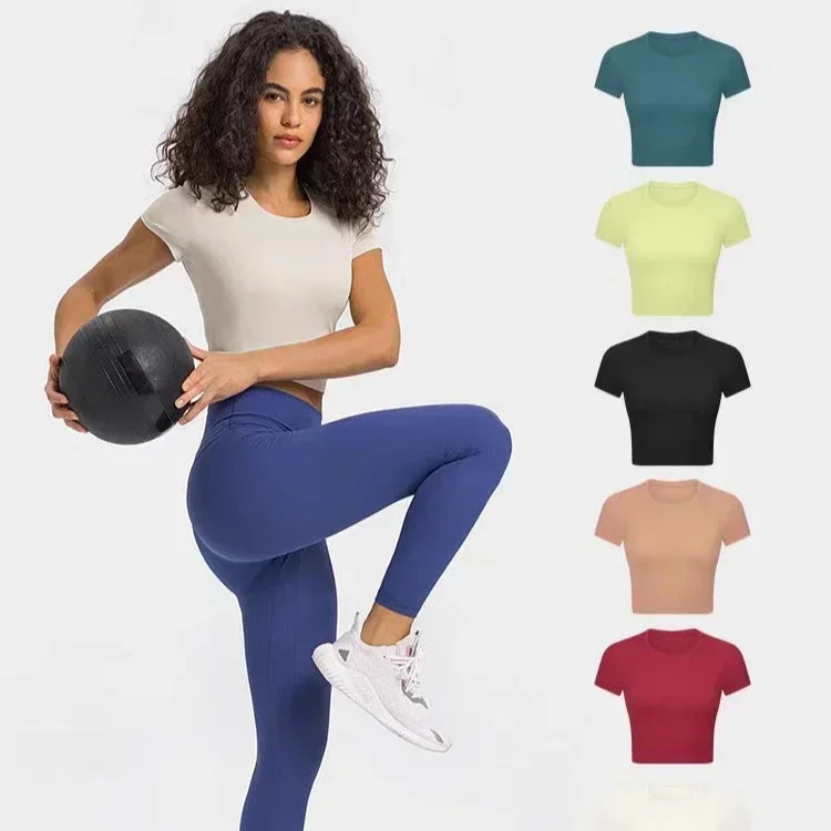

Lemon Solid Color Short Sleeve Ribbing Fabric Women Fitness Crop Top Workout Tops Gym Clothes Sportswear Running T- shirts