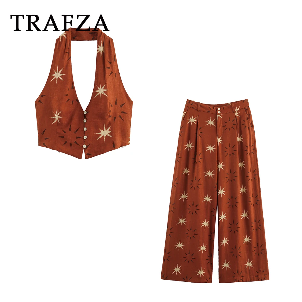 

TRAFZA Vintage Casual Summer Fashion 2025 Brown Woman Suit Neck Mounted Vest+Long Wide-Leg Print Pants Holiday Chic Mujer Set
