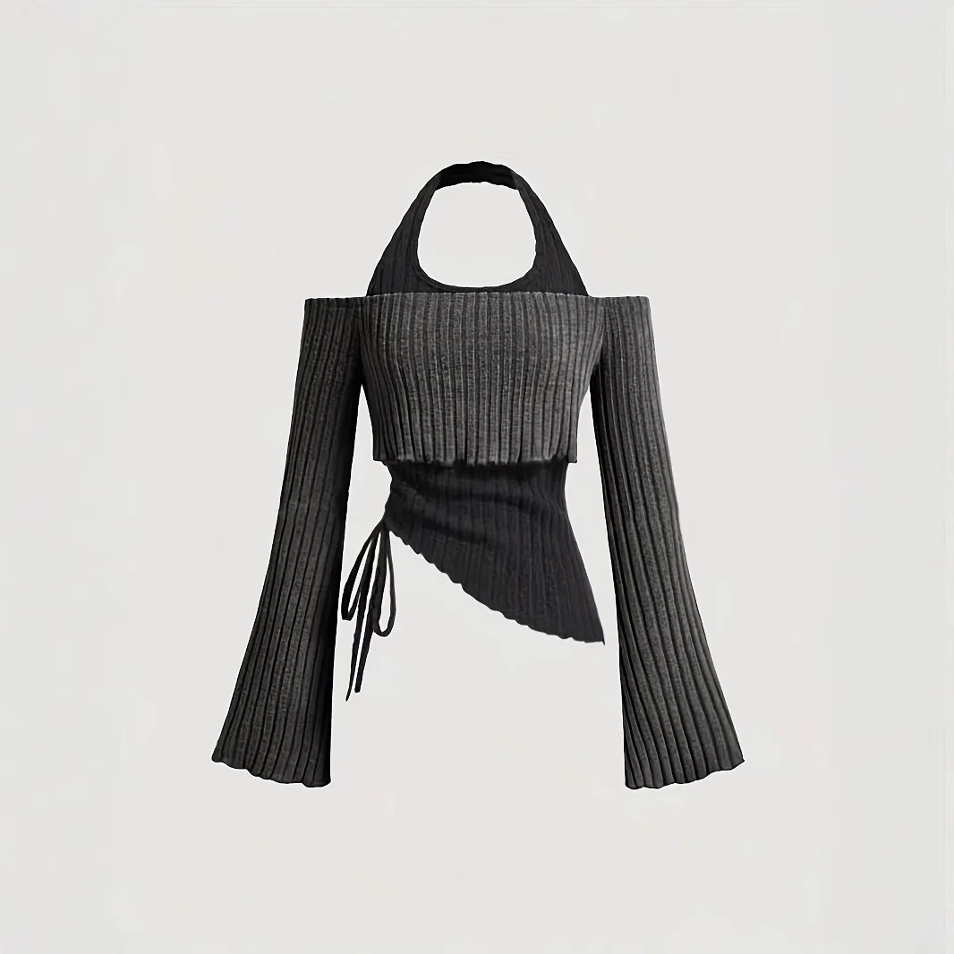 Sexy Slim Fit Halter Layered Top Colorblock Two Piece Illusion Top Long Sleeve Knitted Stretch Top Casual Chic Street Shirt