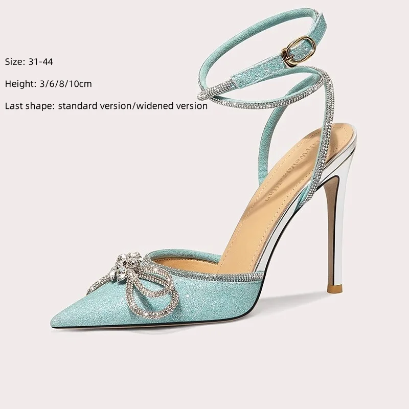 

Spring and summer new pointed sequins rhinestone bow single shoes slith-heeled banquet dress large size small size women sandals