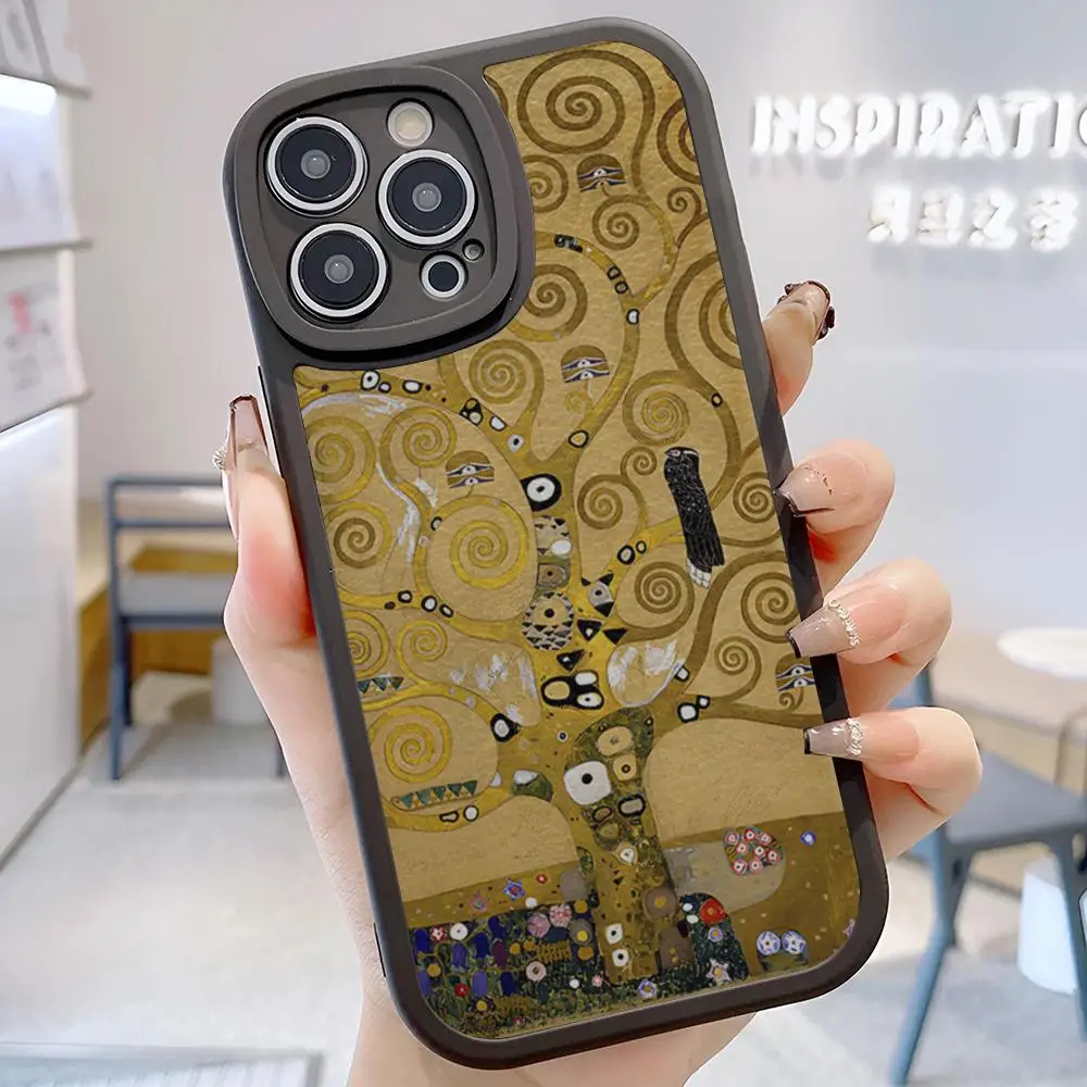 gustav klimt tree of life Phone Case Leather Silicone For IPhone 15 12 13 14 11 Pro Max Mini Xs X Xr 7 8 Plus Soft Black Coque image 5