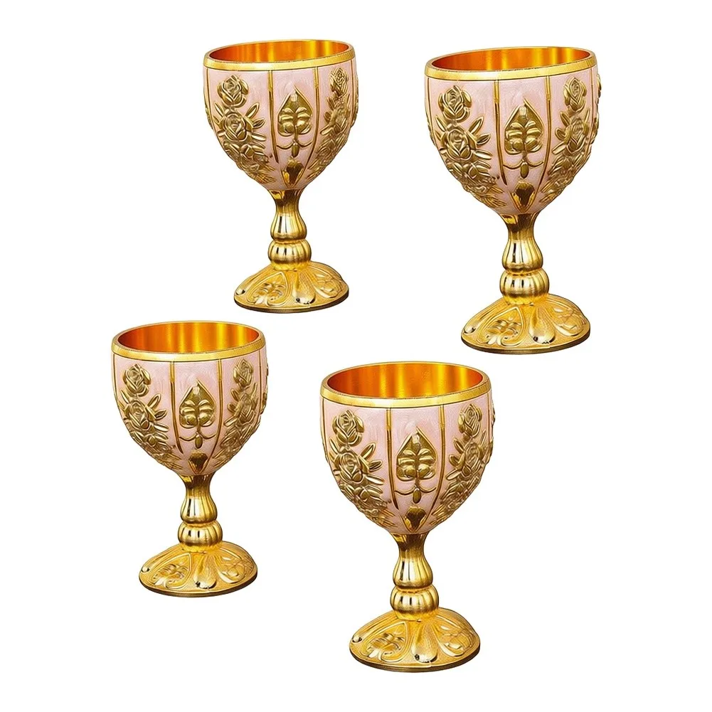 Vintage Drinking Vessels Gold And White Metal Wine Cups Bright Metallic Inner 30ml Compact Capacity Raised Golden Embossment