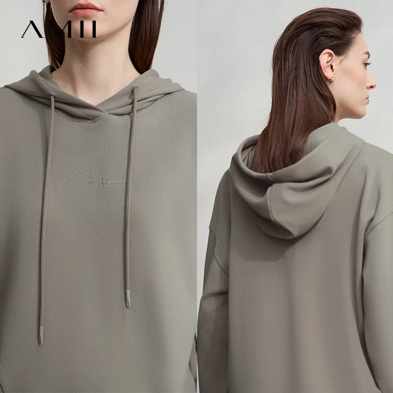 AMII Minimalistischer Damen-Kapuzenpullover aus Baumwolle, 2025, Herbst, Streetwear, Sweatshirts, Buchstaben-Stickerei, lose Hoodies, lässiger Pullover 12543134