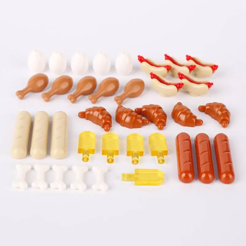 MOC City Building Blocks ของเล่นอุปกรณ์เสริมอาหารมินิอิฐเห็ดปลา Apple Hot Dog เค้กพิซซ่าไก่ขาไอศกรีมกล่อง K031