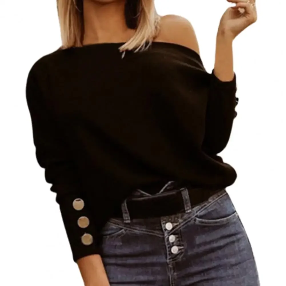 One Shoulder Lady Shirt Long Sleeve Buttons Decor Women Blouse Elegant Soft Pullovers Tops Loose Casual Blouses Shirt Spring