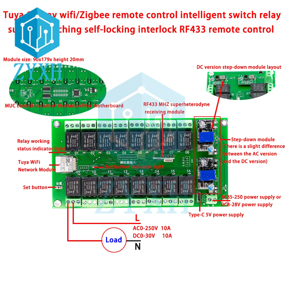 Tuya 16 Channel WiFi/Zigbee Relay Switch Module DC 7-27V AC 85-250V Wireless Smart Home Remote Control Switch with RF 433MHZ