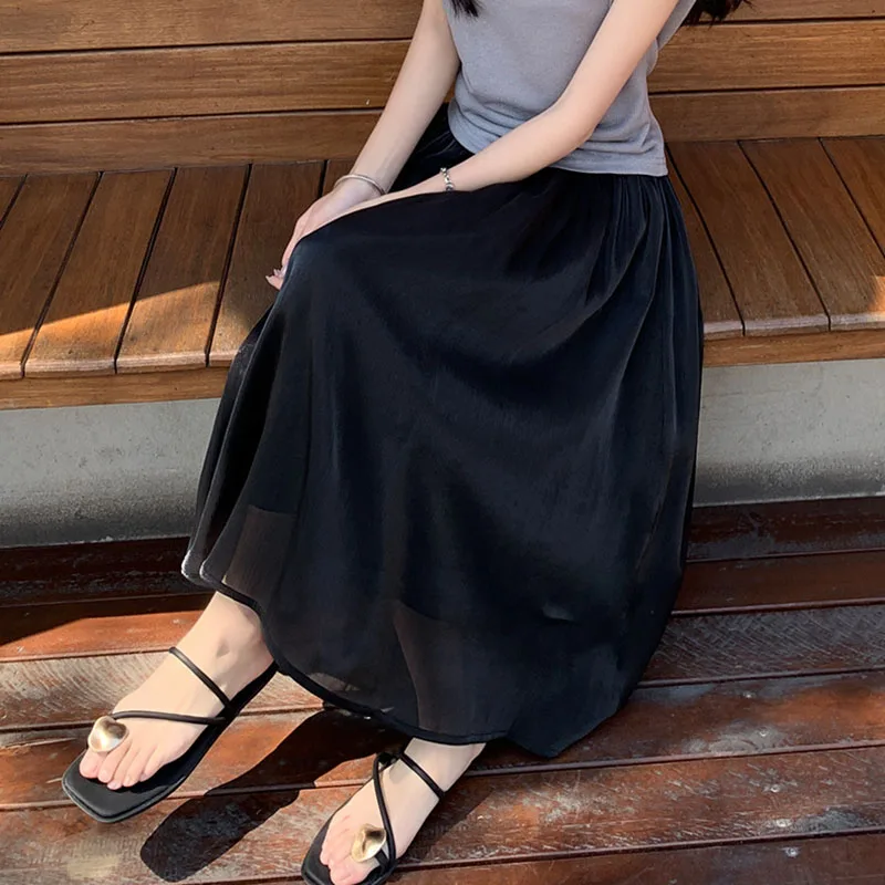 

Корейская модная женская шифоновая юбка, летняя, с высокой талией, свободного кроя, длиной до щиколотки, повседневная, универсальная, А-силуэт, новинка