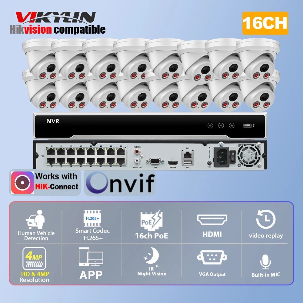 

Vikylin 4MP POE Surveillance System 4MP One Way Audio Turret CCTV POE Security Camera 16CH P2P NVR Video Surveillance Kit h.265+