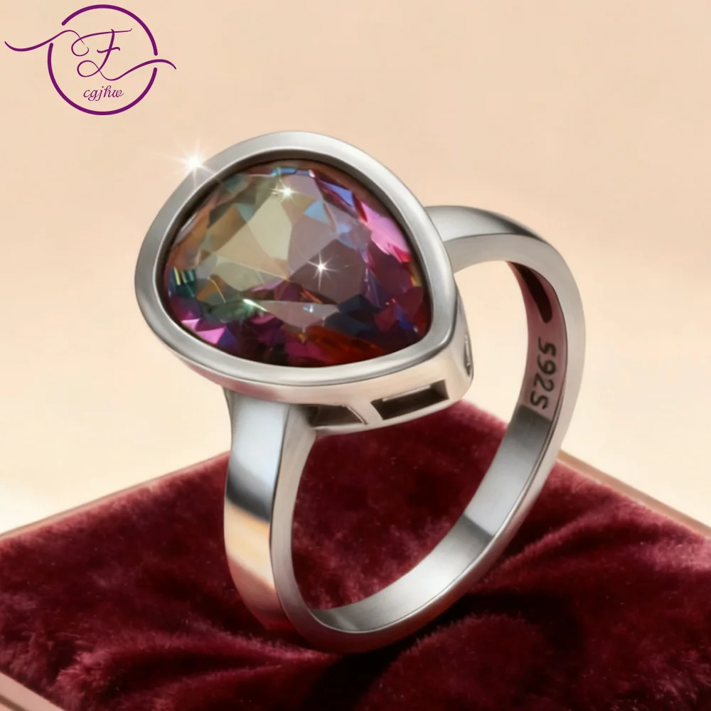 Pierścionek damski ze srebra próby S925, 9*13mm, kropla wody, tęczowy, efekt ognia, mistyczny topaz, vintage, elegancka biżuteria, prezent na rocznicę, imprezę.