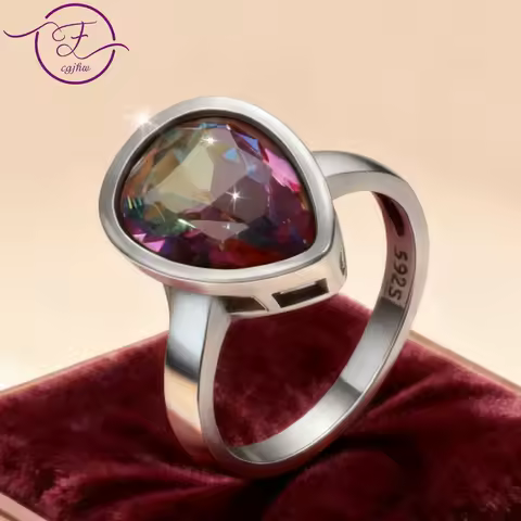 Fashion S925 Silver Ring for Women 9*13mm Waterdrop Rainbow Fire Mystic Topaz Rings Vintage Fine Jewelry Anniversary Party Gifts