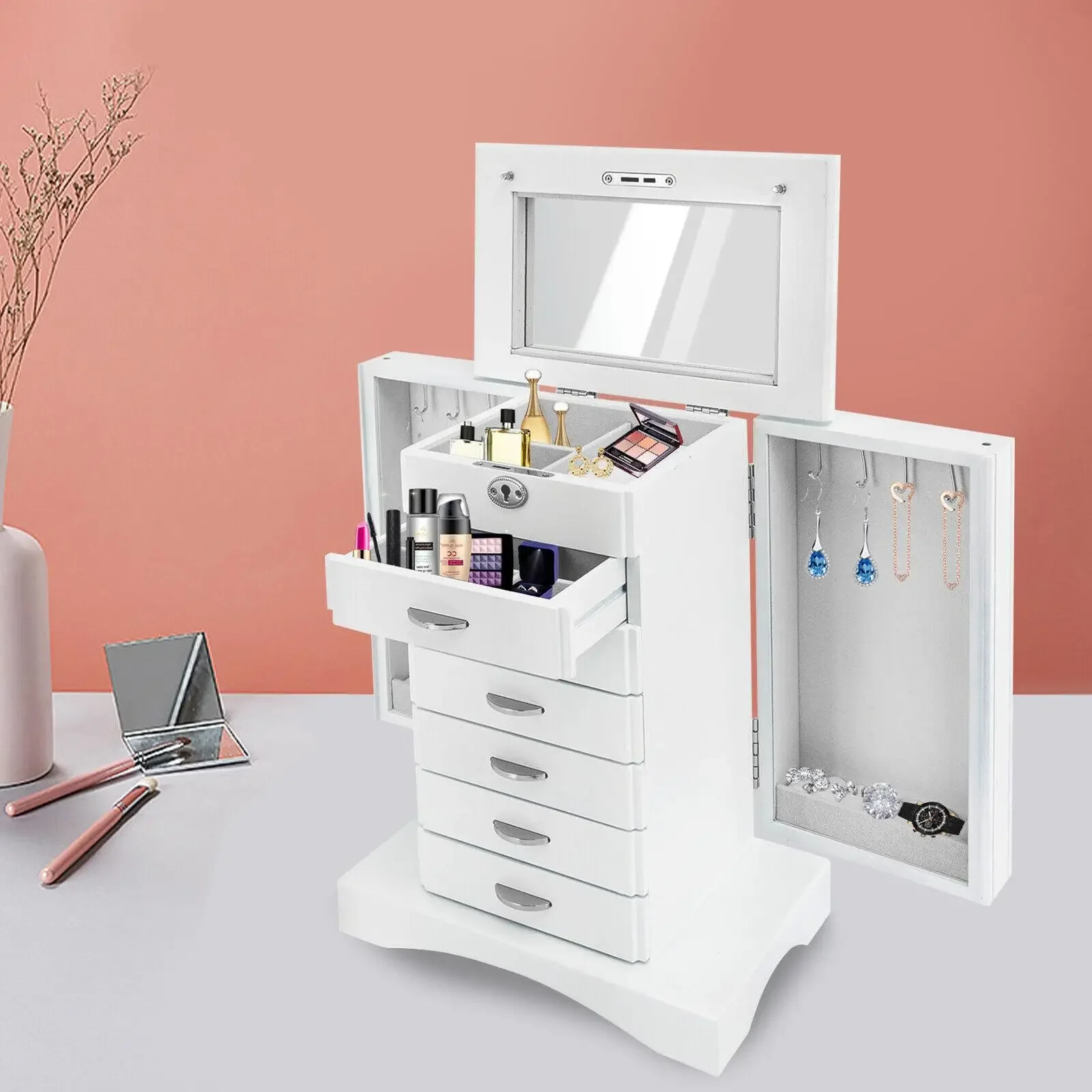 

Large Wooden Jewelry Box Jewelry Box Organizer 7 Layers+2 Swing-Out Cabinets for Ring Necklace Earring Bracelet White