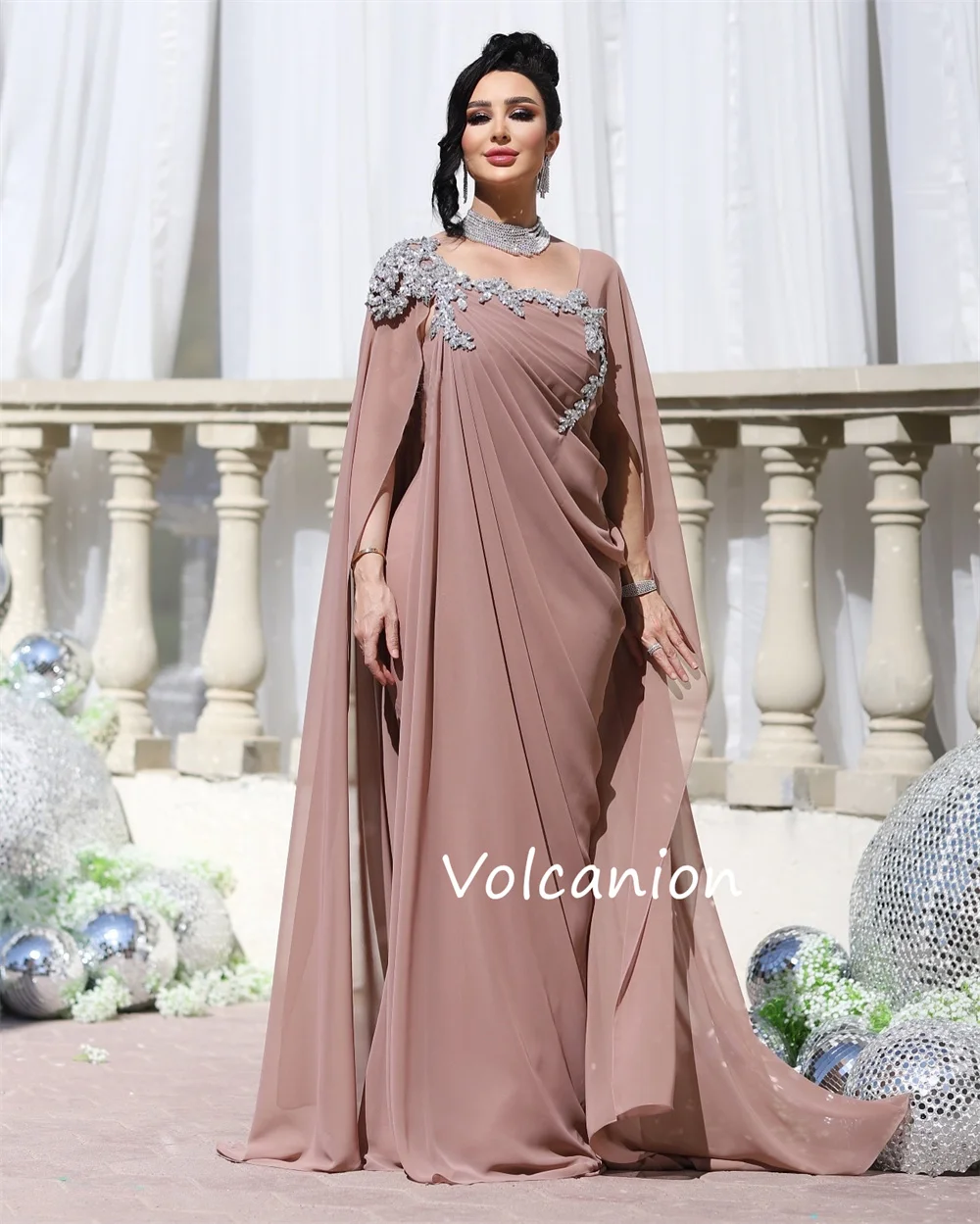 Customized Chiffon Pleat Sequined A-line Square Neck Long Dresses Bespoke Occasion Evening Formal Exquisite