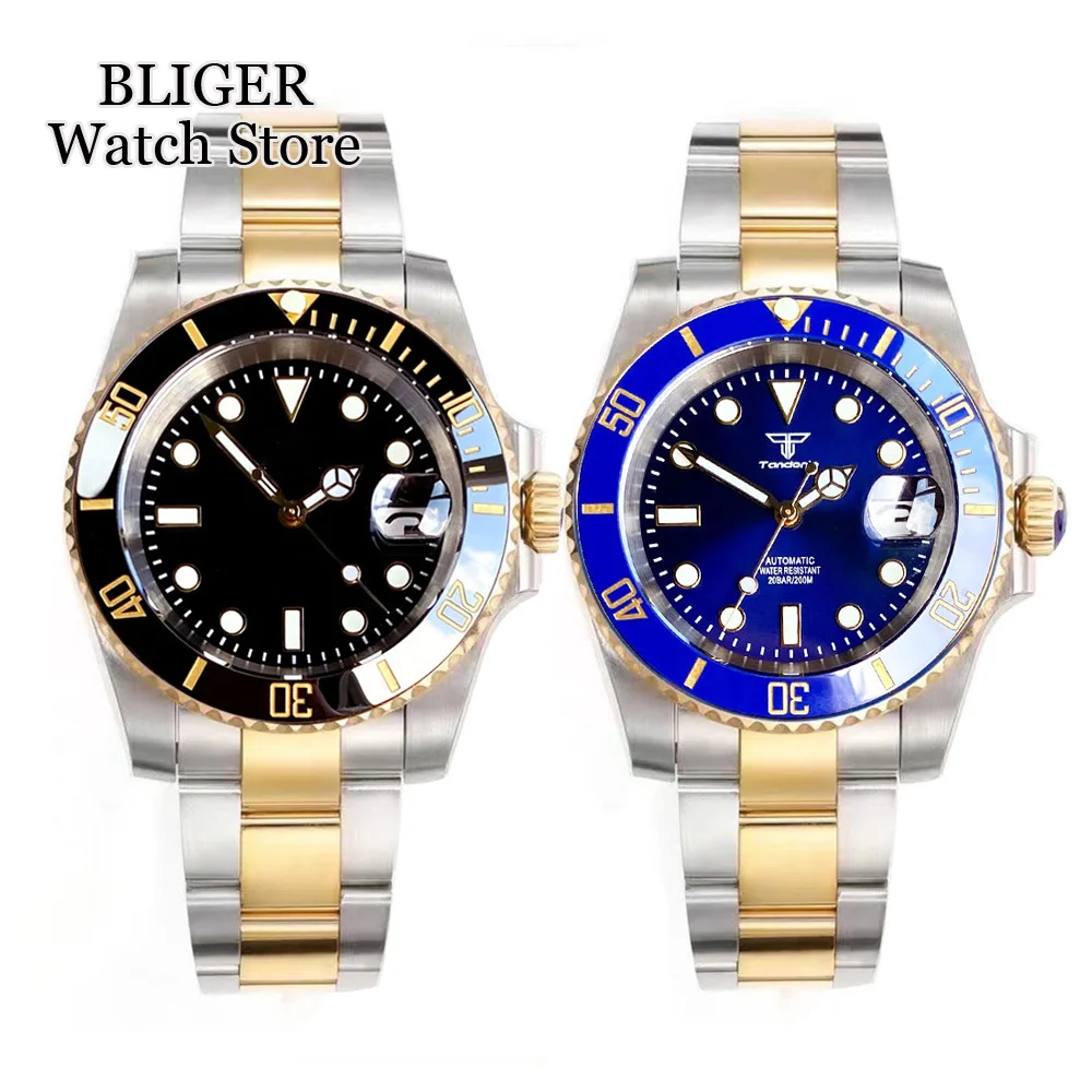 

20ATM Waterproof Diver NH35 Automatic Watch Men Two Tone Gold Blue Black Dial Sapphire Crystal Steel Bracelet 120 Click Bezel