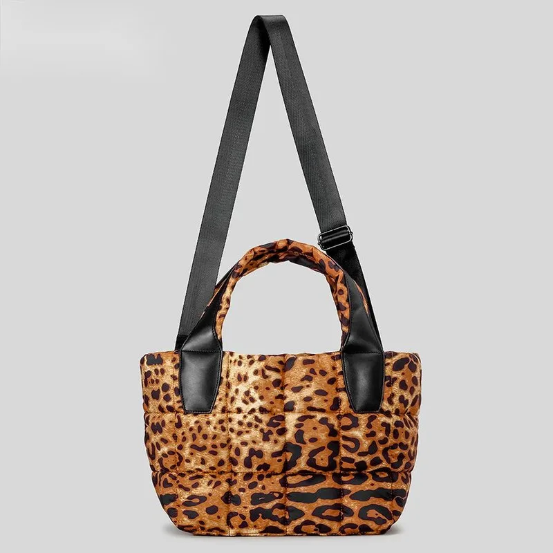 Leopard Print Nylon Quilted Tote Bag Women\'s Large Capacity Shoulder Messenger Bag Casual Padded Handbag