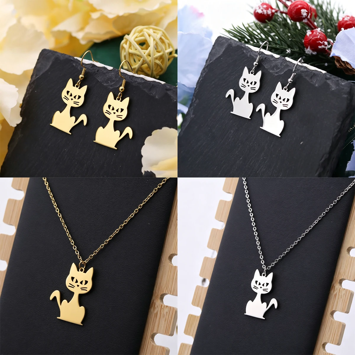Cute Sitting Cat Jewelry Set Stainless Steel Animal Silhouette Pendant Necklace Drop Ear Hooks Fashion Jewelry Gift for Women