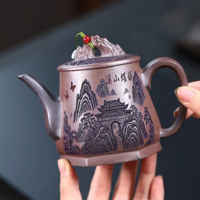 210ml Yixing Handmade Purple Clay Teapot, Raw Ore, Gold Sand,Streams and Mountains Tea Pot, Kung Fu Tea Set