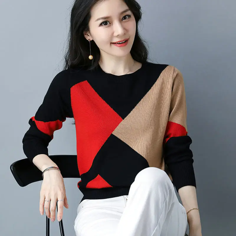 

Spring Autumn New Knitting Contrast Pullovers Tops Long Sleeve O-Neck Loose Vintage Sweaters Fashion Casual Women Clothing S-3XL