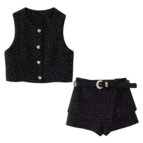 Imagen 2 del producto HXAO 2024 conjuntos cortos de mujer moda mujer 2024 Tweed chaleco pantalones cortos trajes elegantes conjuntos femeninos conjuntos cortos conjunto de dos piezas