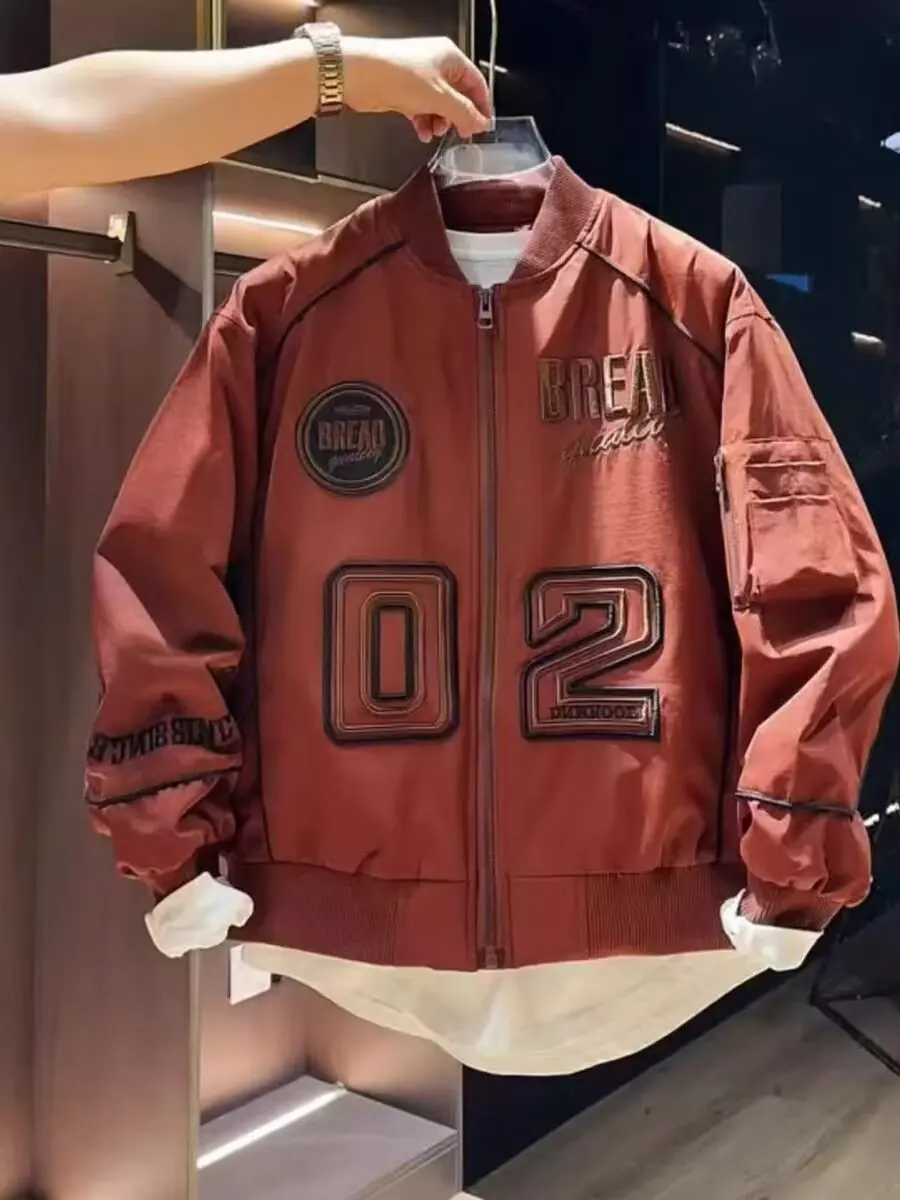 

Men's Loose Fit American Sle Jaet Embroidered Lettering Spring Autumn New Streetwear Casual Windproof Zipper Closure