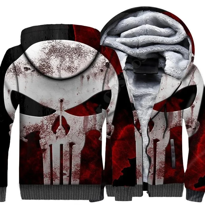 

Winter Fashion Men's Velvet Hoodie Flame Skull 3D Printed Brushed Zipper Hoodie Neutral Street Casual Warm Double Velvet Jacket