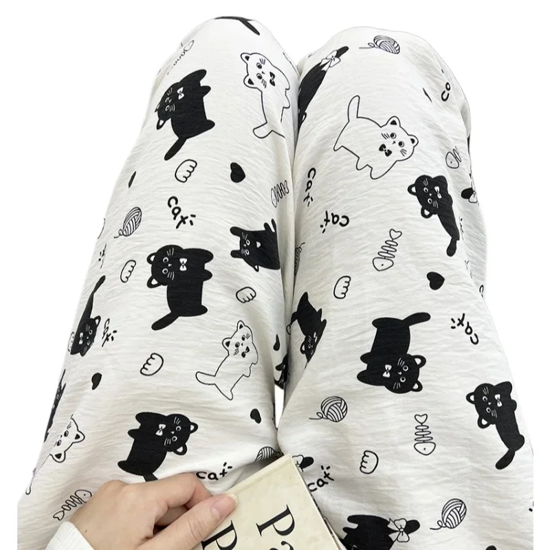 Pajama Pants Women Summer White Cartoon Kitten Trousers Thin Student Home Pants Rainbow Stripes High Waist Straight Leg Loose 6