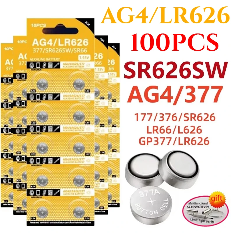 10-100PCS NEW AG4 LR626 1.55V Alkaline Watch Battery 377 SR626 177 626A 377A CX66W for Toy Calculator Car Key Clock Button Cell