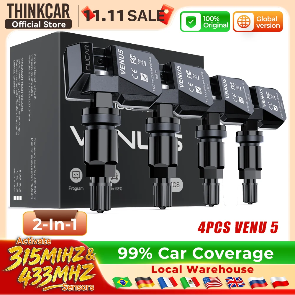 MUCAR VENU 5 Sensor 433 315MHZ TPMS Sensor 2 in 1 Tire Repair Tools Scanner Tire Pressure Monitor Tester Programming 4 PCS Metal