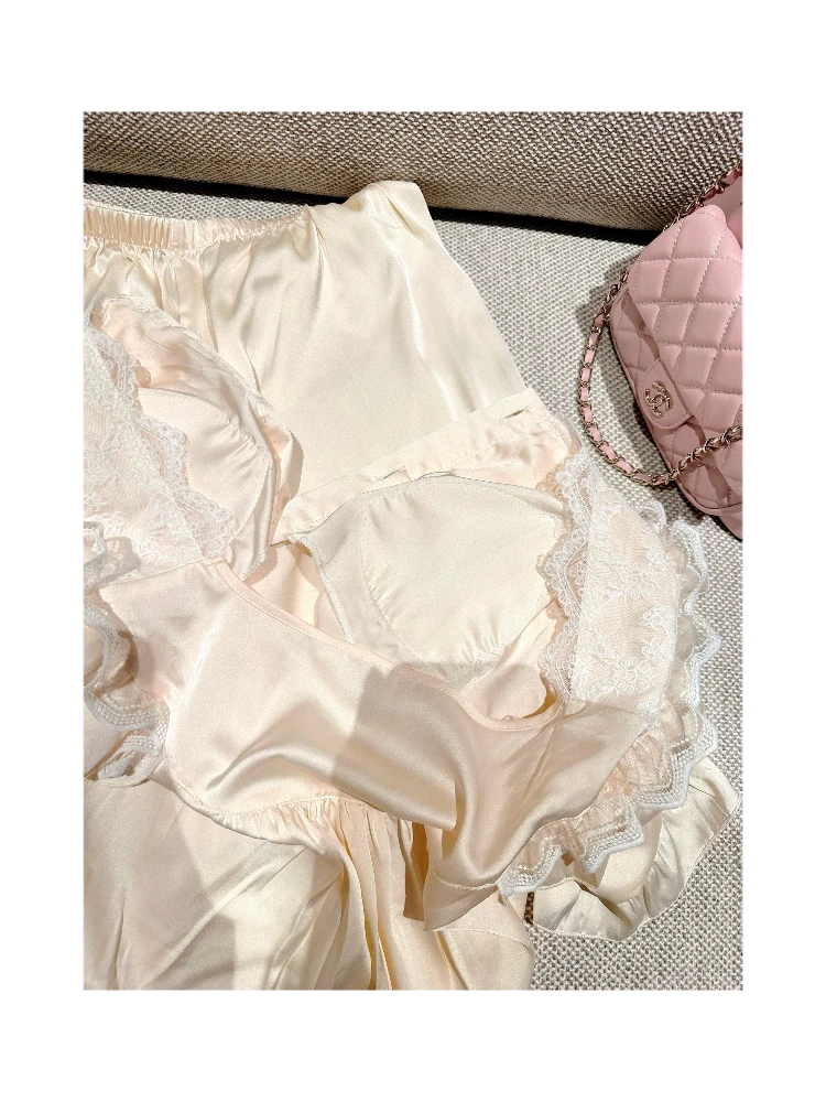 Sweet Girl Doll Collar Tie Chest Pad Ice Silk Short Sleeve Pajamas Three-Piece Set Spring Summer Women's High-End Homewear