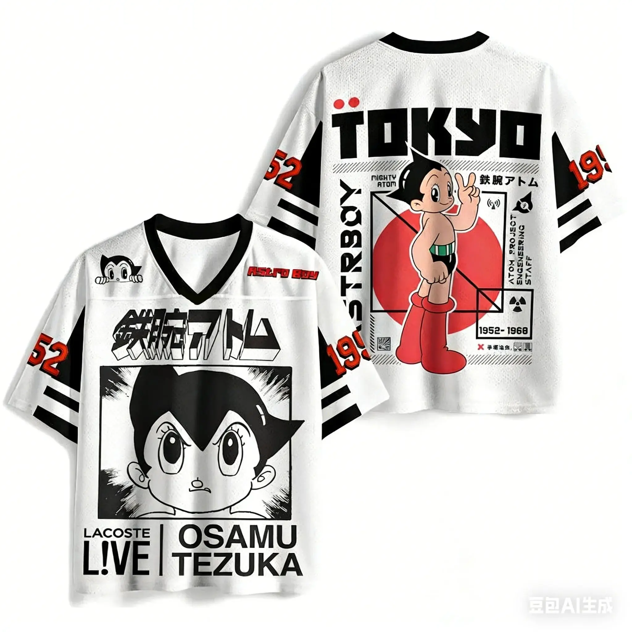 2026 Retro Astro Boy Osamu Tezuka Print Mesh Jersey T-Shirt Herren Oversized Streetwear V-Ausschnitt Lässiges Anime Kurzarm-Oberteil – Detail 3