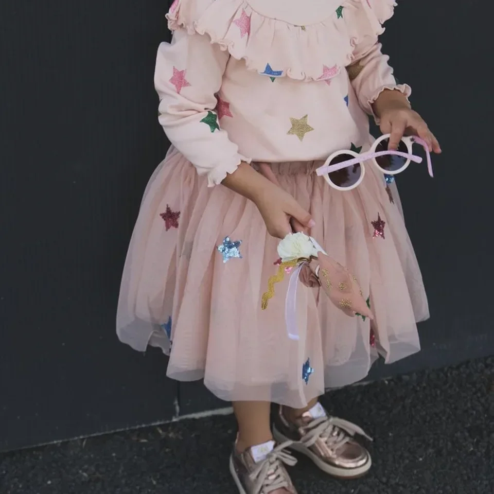 2026 KS Baby Girls Star Sequins Dress Kids Clothes Girls Mesh Princess Dresses Children Casual Skirts Christmas Party Vestidos